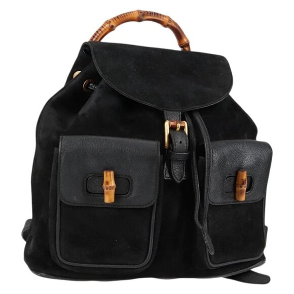 GUCCI Bamboo Backpack Suede Leather Black Gold 003 2058 0016 Auth bs28493 - Picture 1 of 16